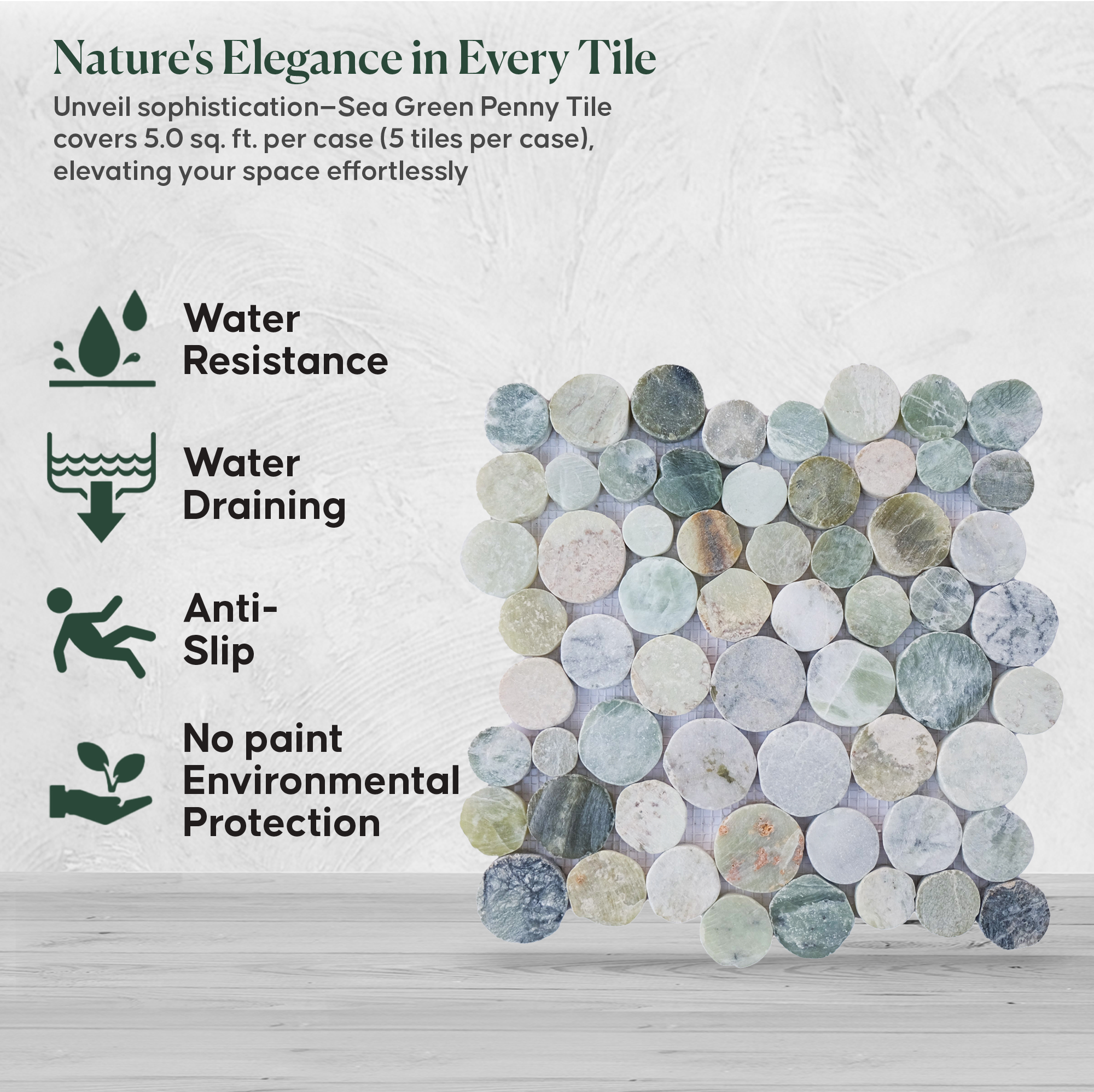 Sea Green Penny Round Tile, Marble Mosaic Wall & Floor Tile | 5 Tiles per case