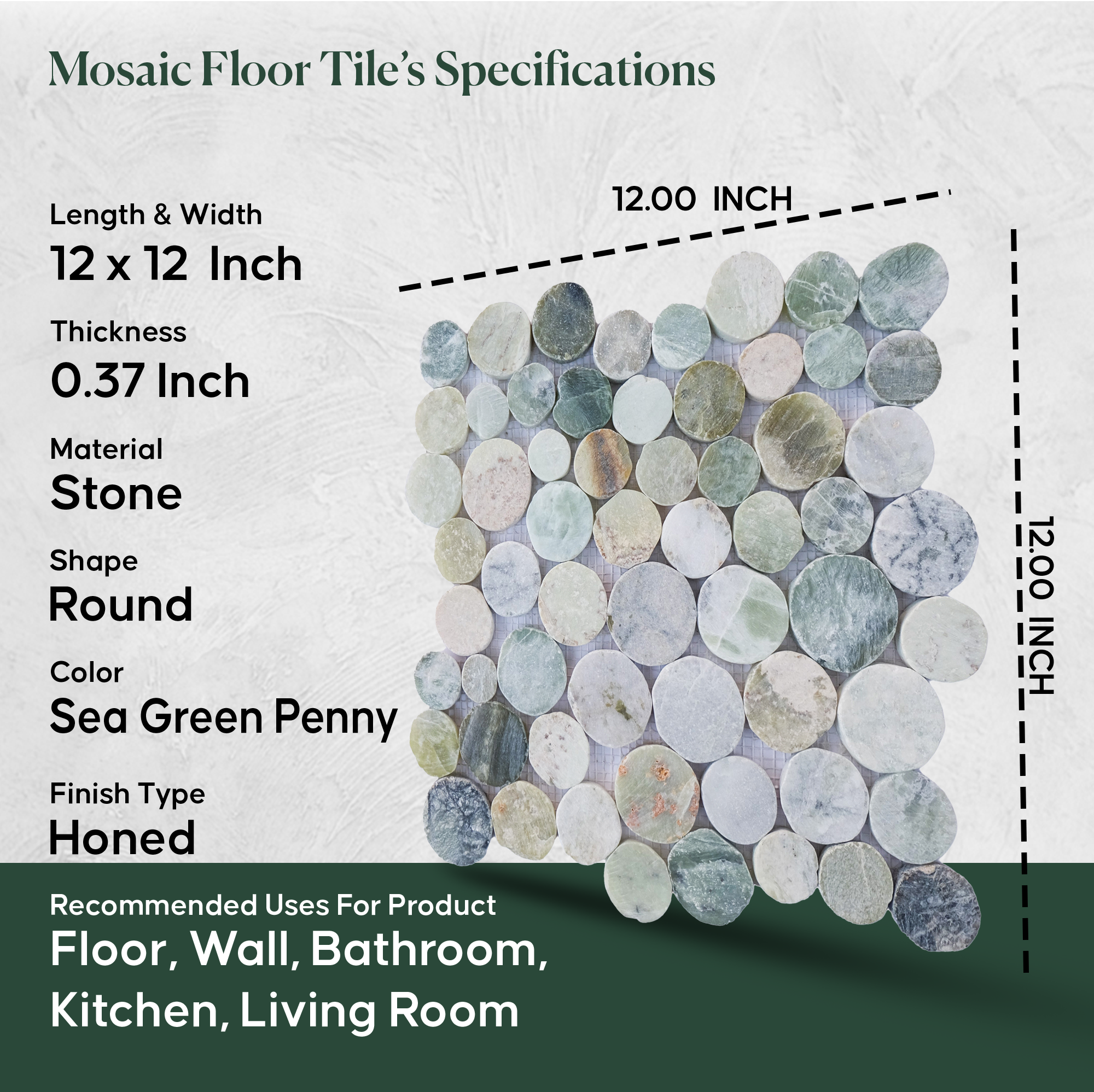Sea Green Penny Round Tile, Marble Mosaic Wall & Floor Tile | 5 Tiles per case