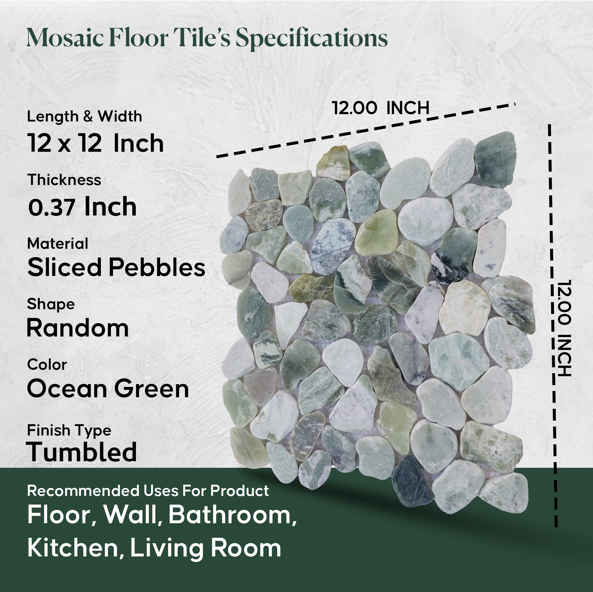 Ocean Green Sliced Pebble Mosaic Wall & Floor Tile | 5 Tiles per case