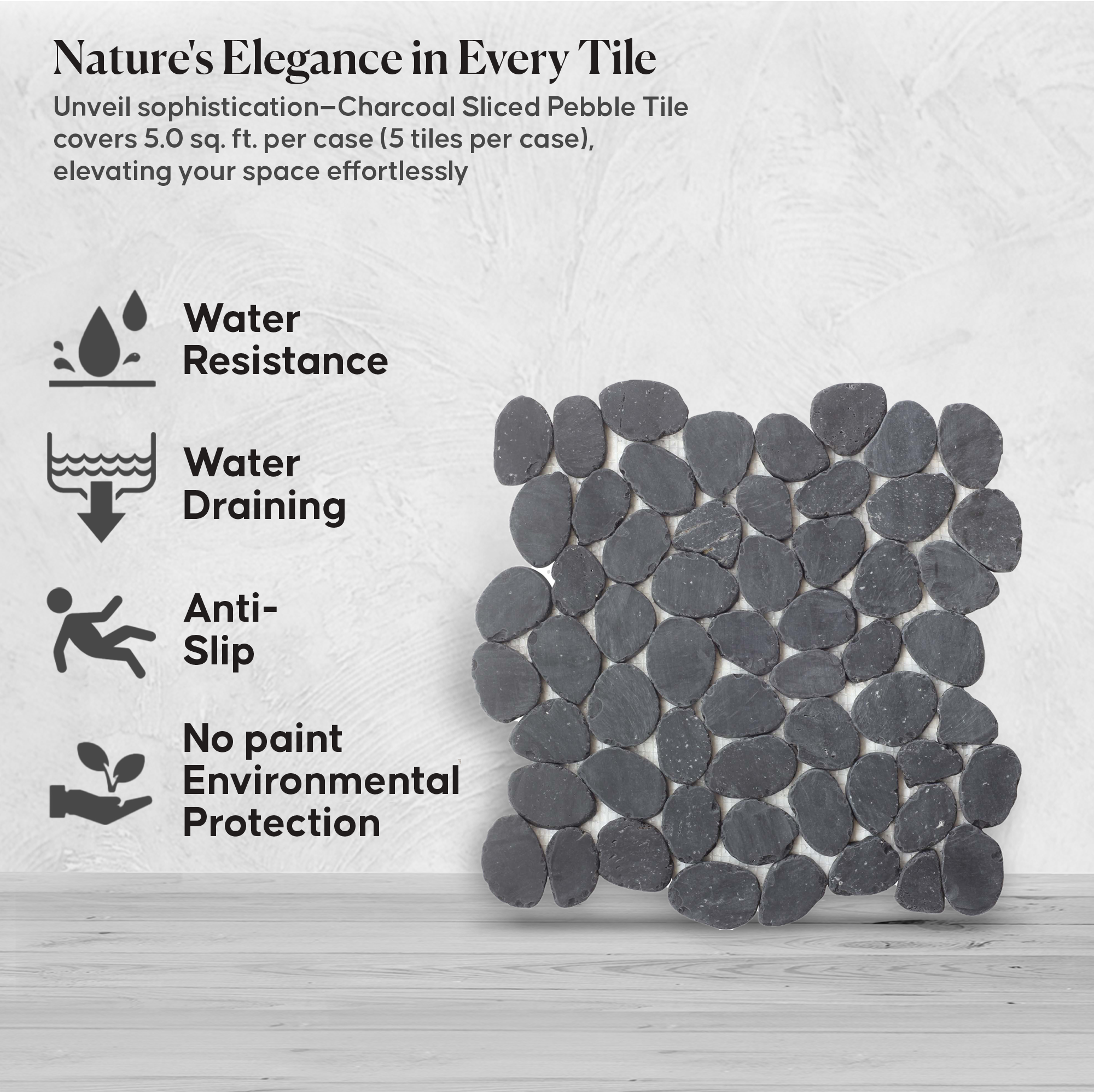 Charcoal Sliced Pebble Mosaic Wall & Floor Tile | 5 Tiles per case