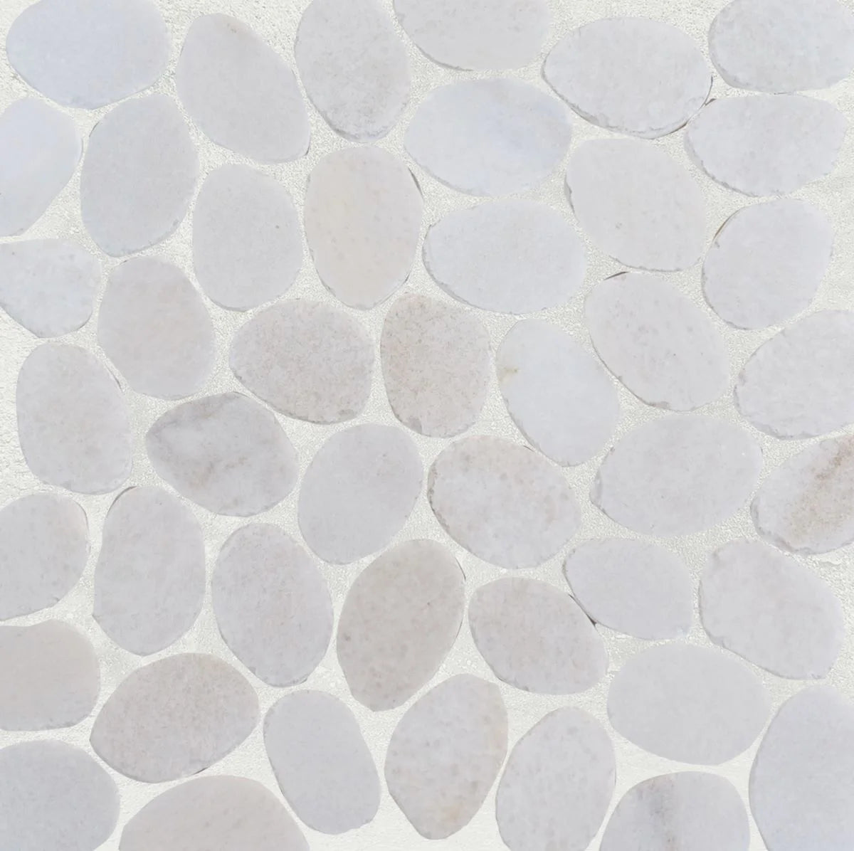 snow white sliced pebble tile sample with grout