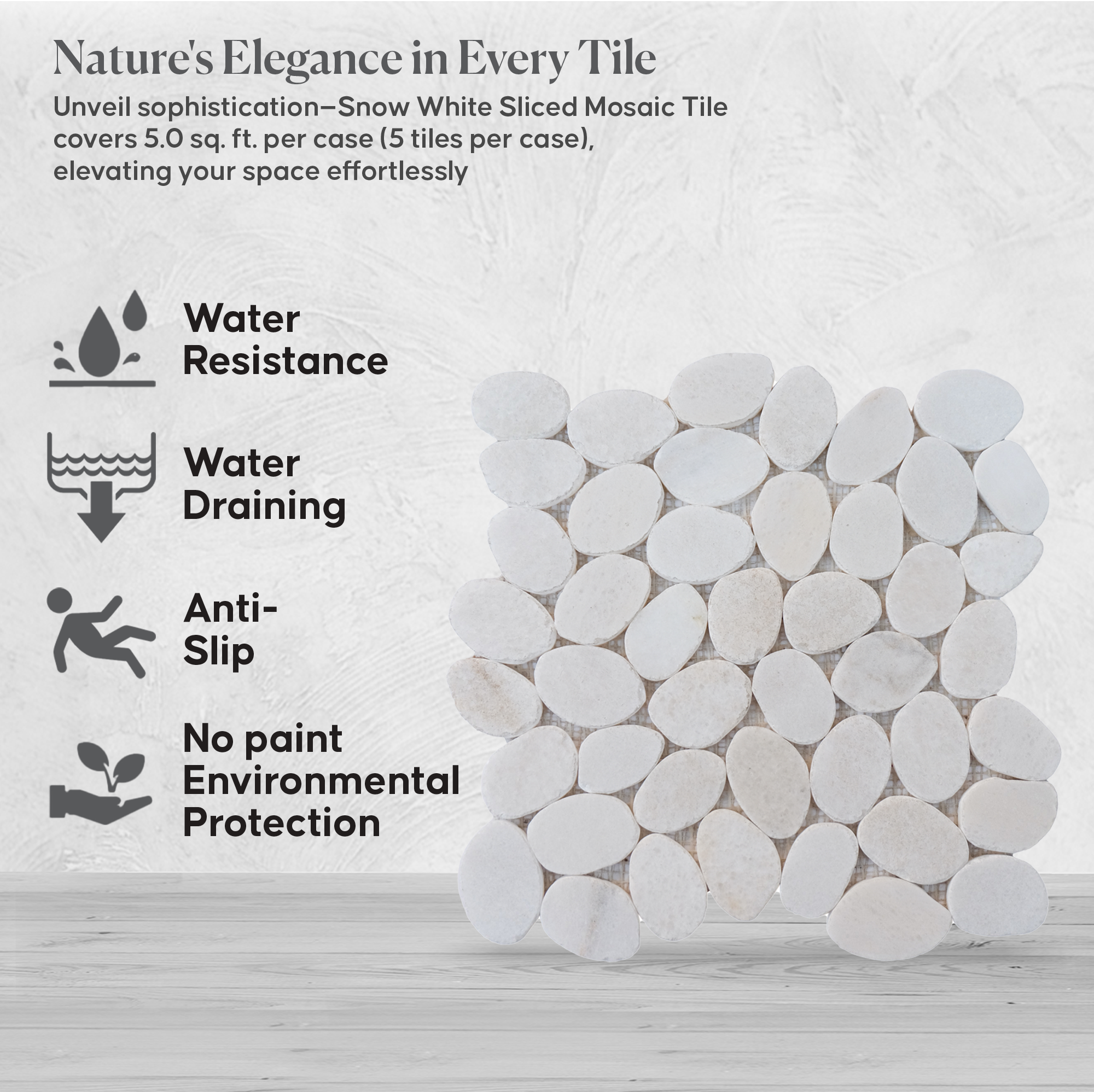 Snow White Sliced Pebble Mosaic Wall & Floor Tile | 5 Tiles per case
