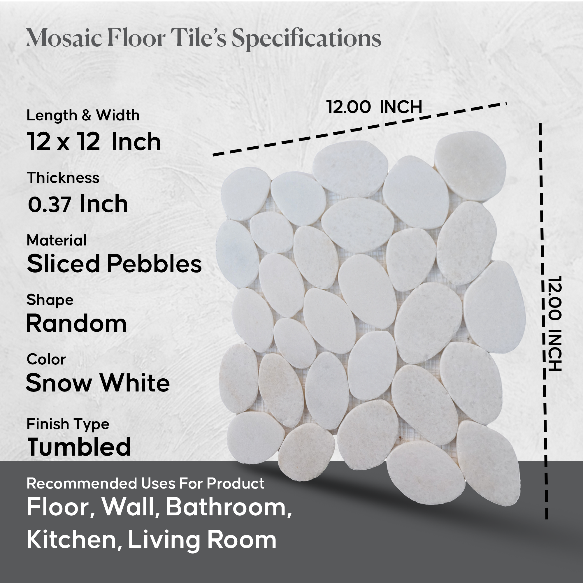 Xl Snow White Sliced Pebble Mosaic Wall & Floor Tile | 5 Tiles per case
