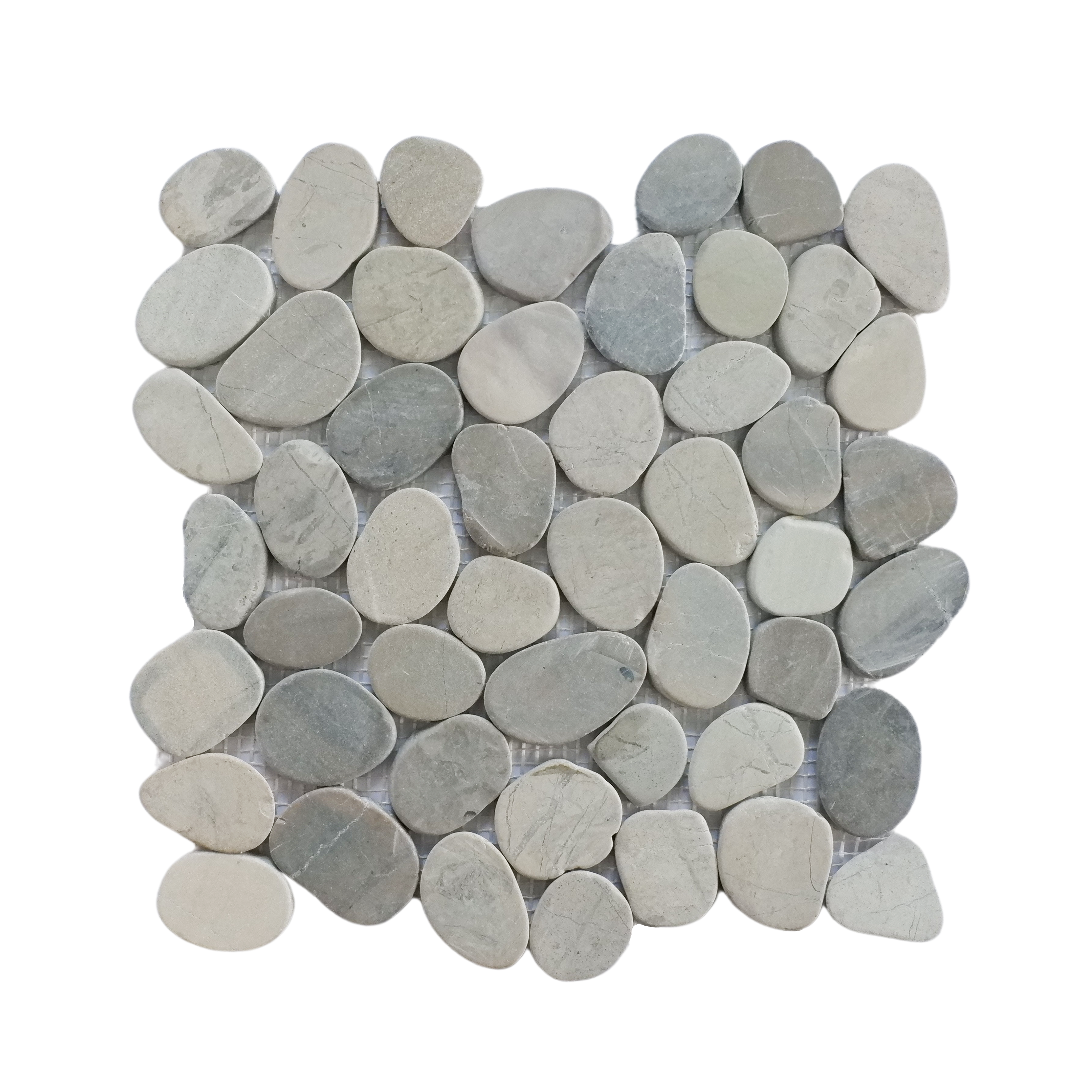 Pale sliced pebble tile sample without grout