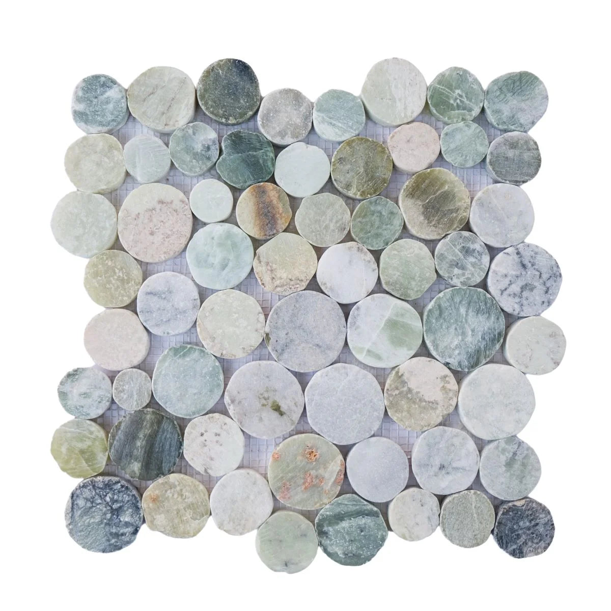 seagreen penny pebble tile sample without grout