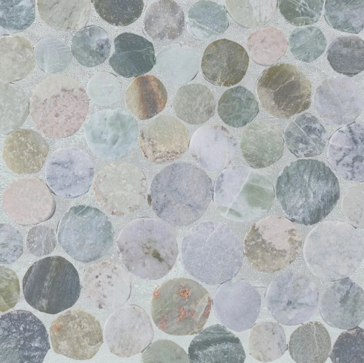 seagreen penny pebble tile sample close up with grout