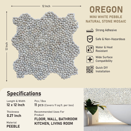 White Mini Pebble Natural Stone Mosaic Wall & Floor Tile | 11 Tiles per case