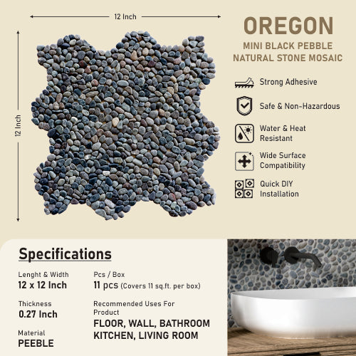 Black Mini Pebble Natural Stone Mosaic Wall & Floor Tile | 11 Tiles per case