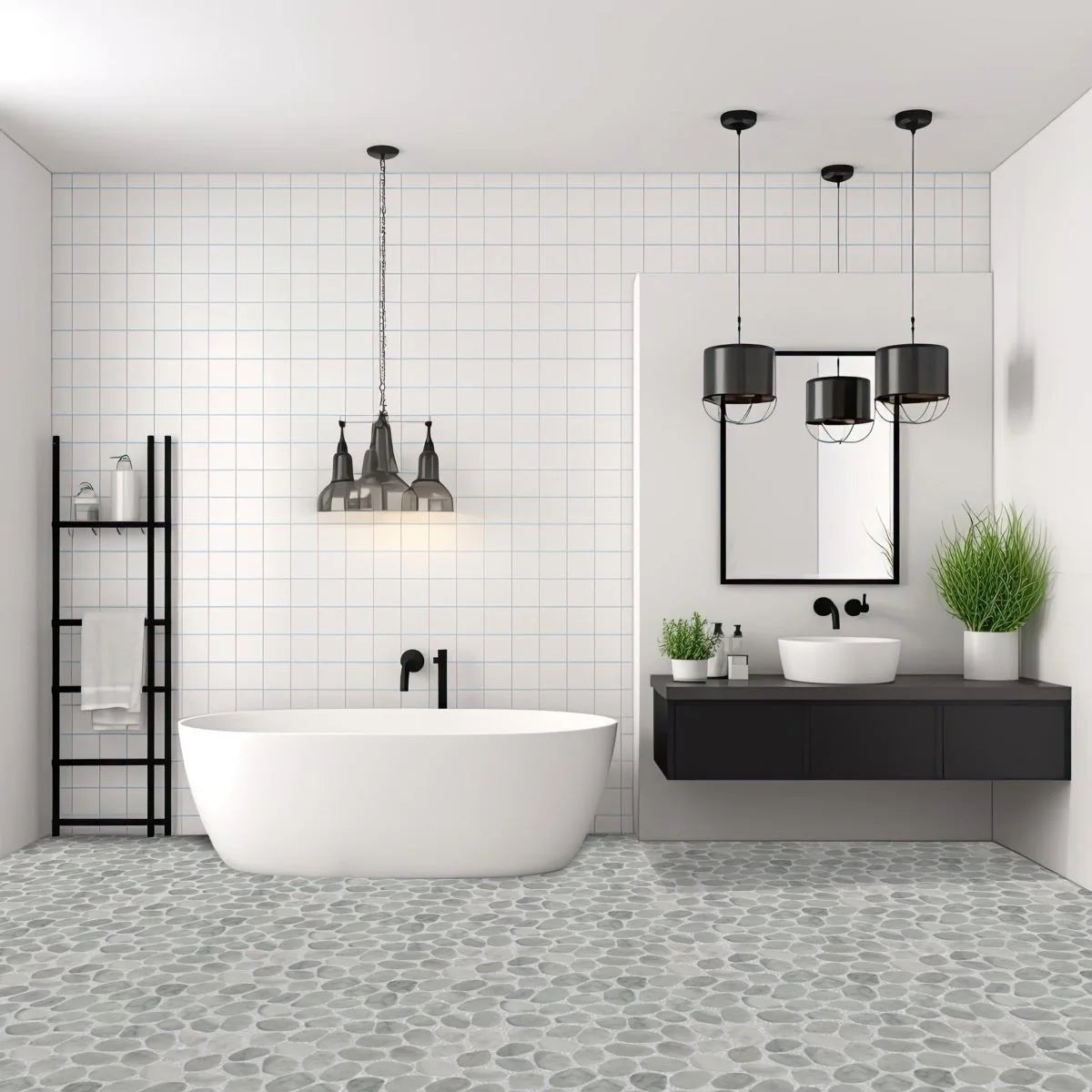Slice Carrara tile flooring in a bathroom with a white bathtub