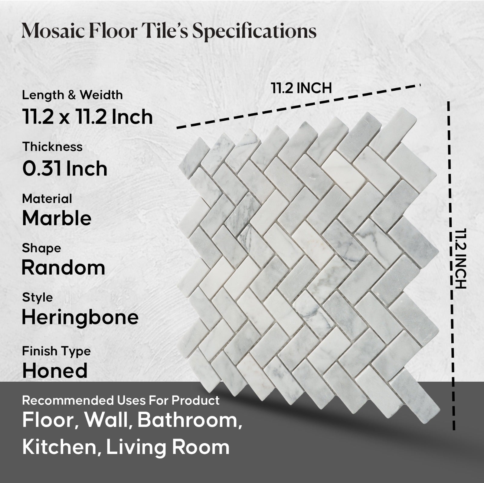 Herringbone Mosaic Tiles, Herringbone Carrara Mosaic Wall & Floor Tile