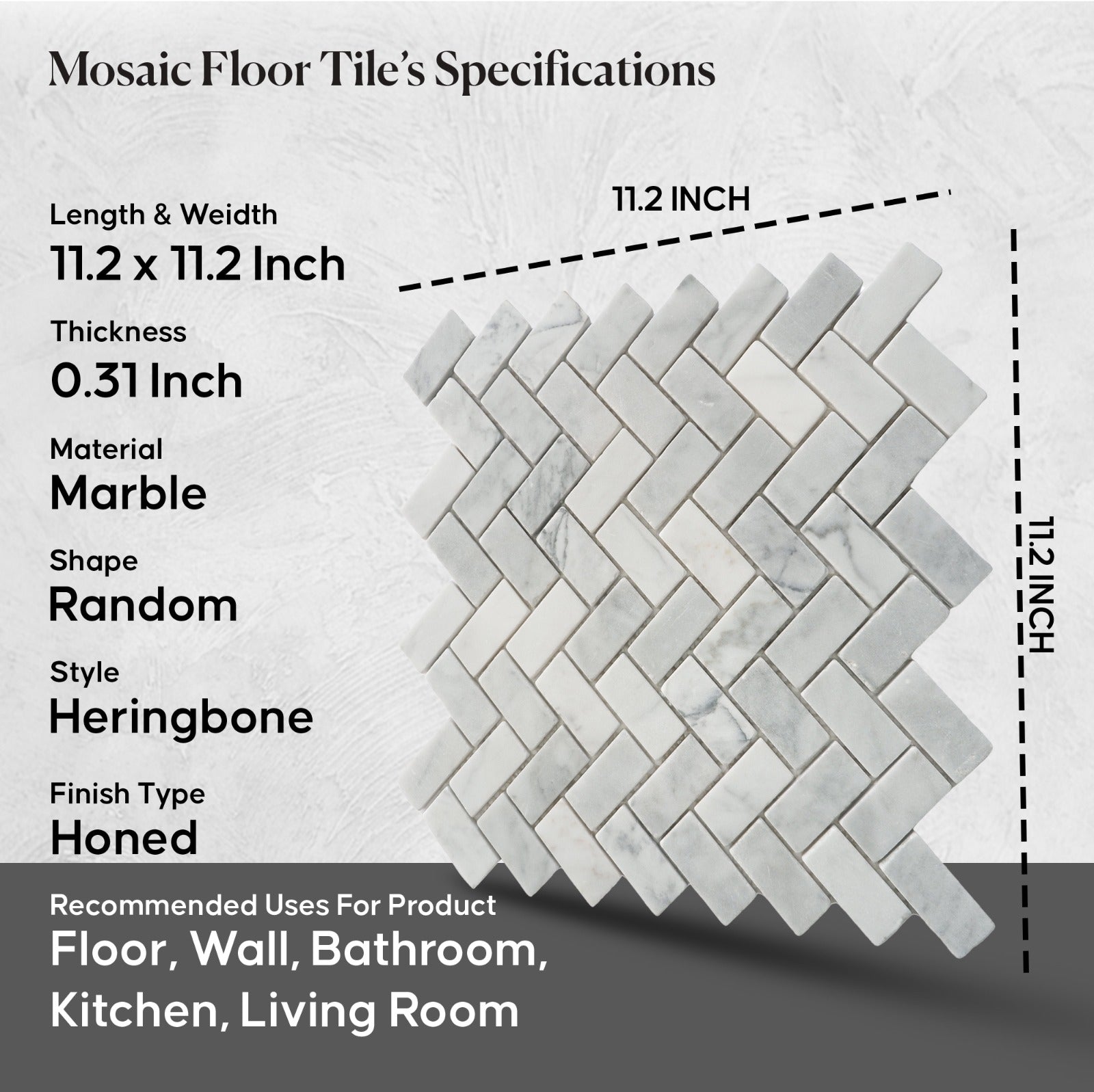 Herringbone Carrara Mosaic Wall & Floor Tile