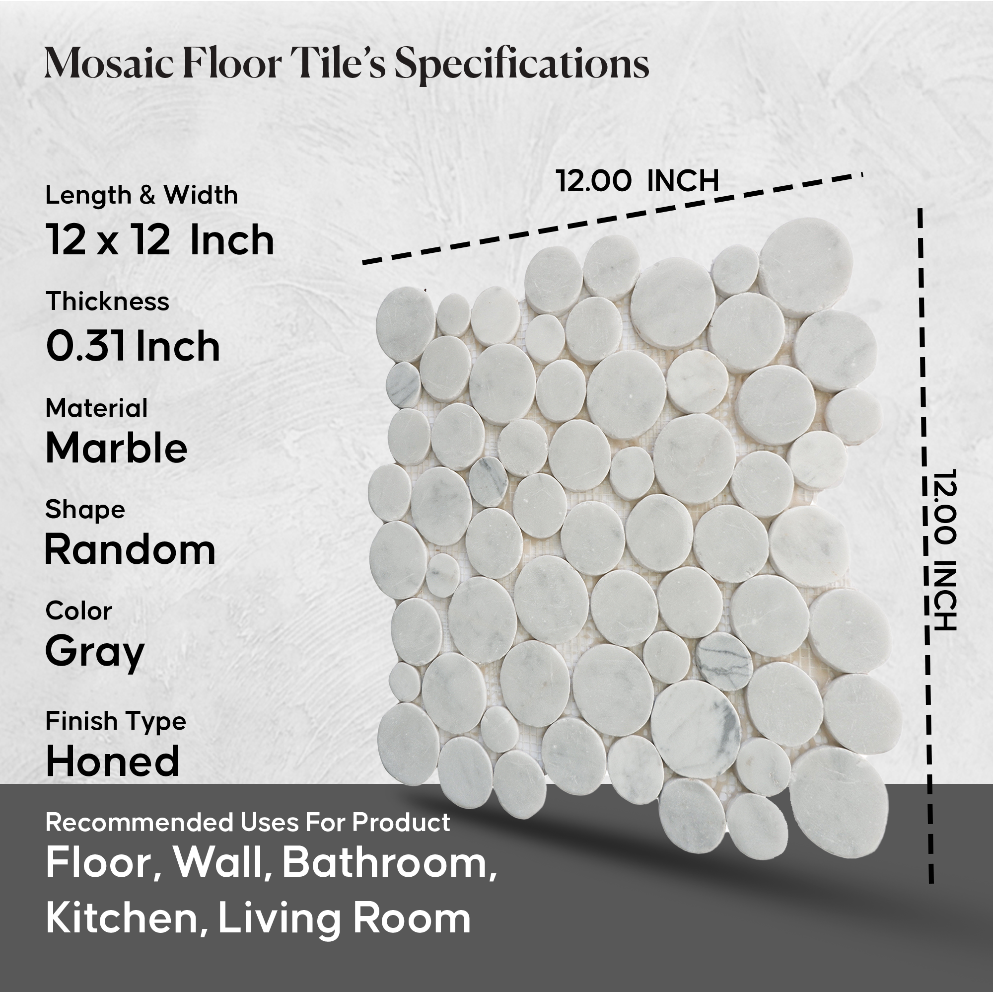 Penny Round Carrara Mosaic Wall & Floor Tile | 5 Tiles per case