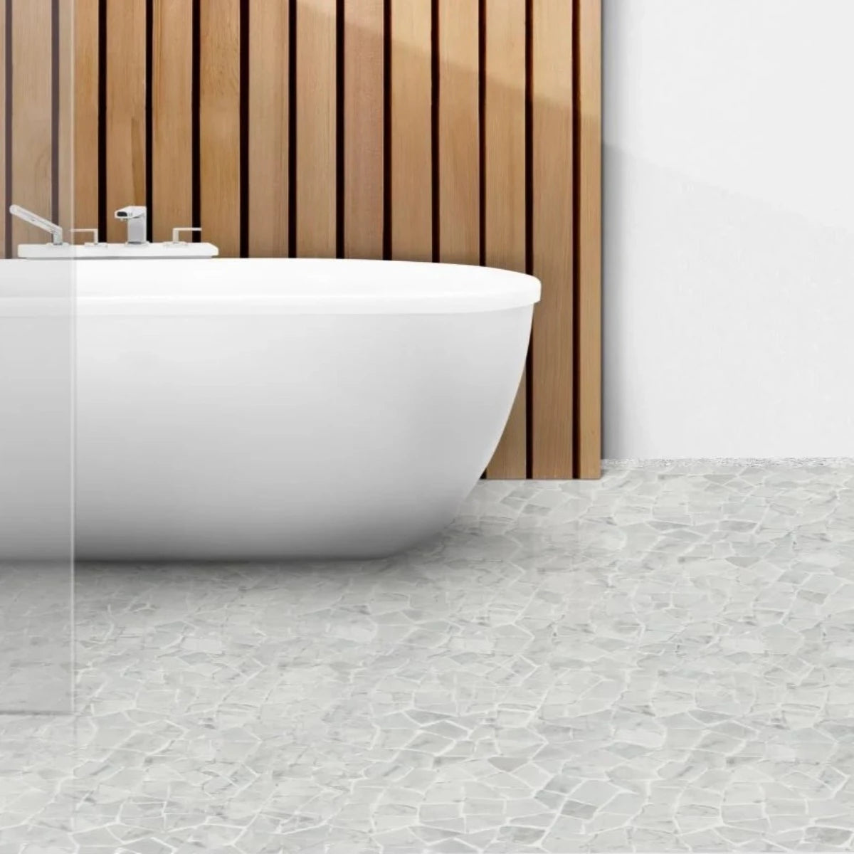 mosaic carrara Pebble tile flooring with white bathtub