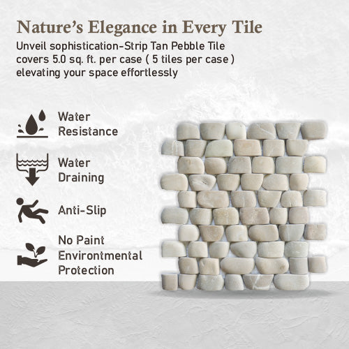 Strip Tan Stone Pebble Mosaic Tile for Wall | 5 Tiles per case