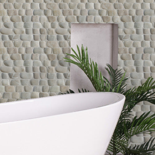 Tan Stone Mosaic Tiles for Wall, Striped Pebble Mosaic Tile