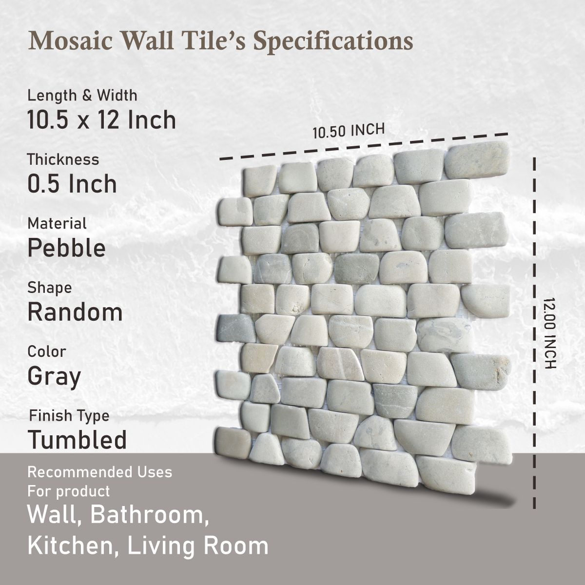 Strip Grey Stone Pebble Mosaic Tile for Wall | 5 Tiles per case