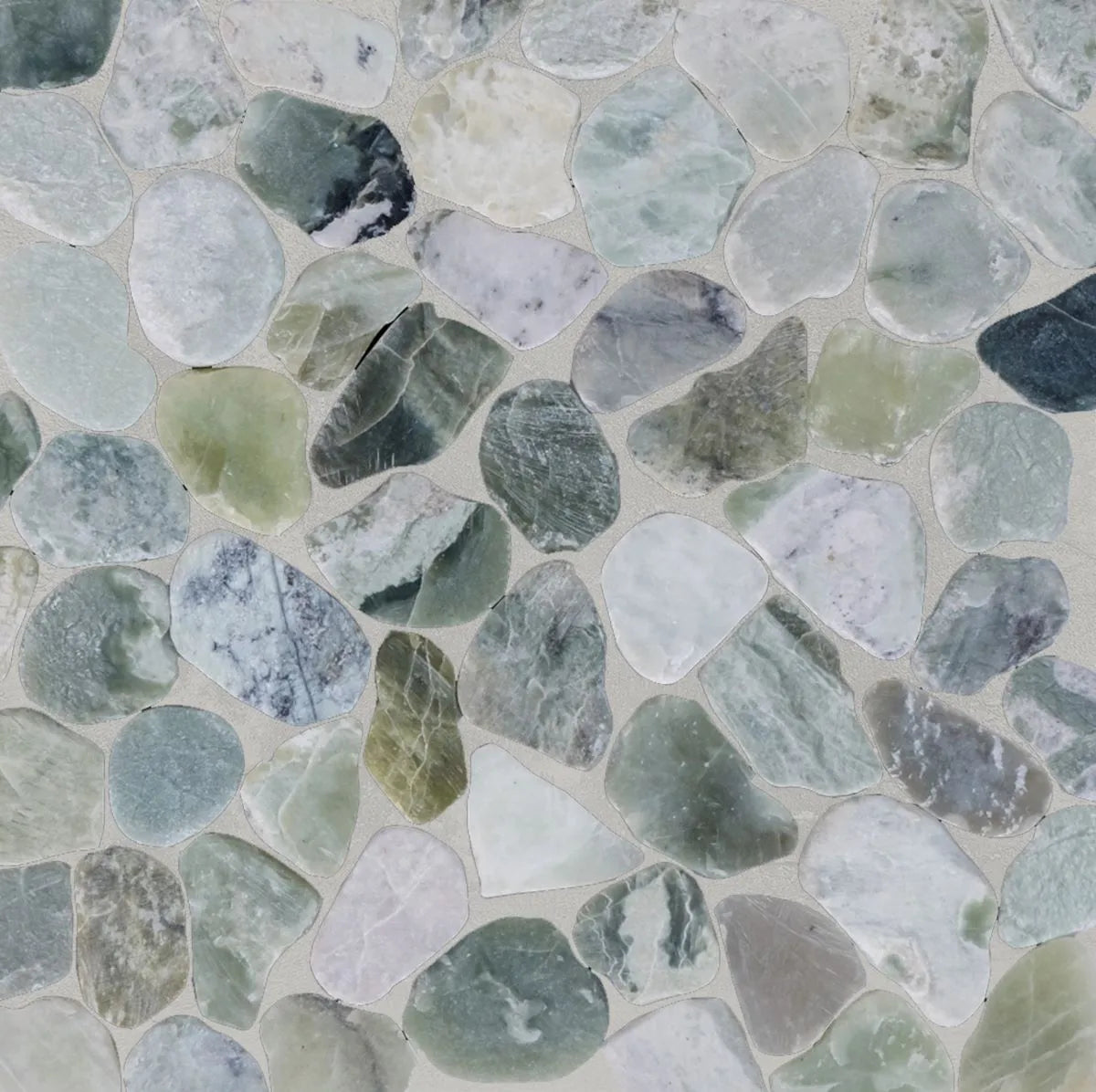ocean green sliced pebble tile sample with grout