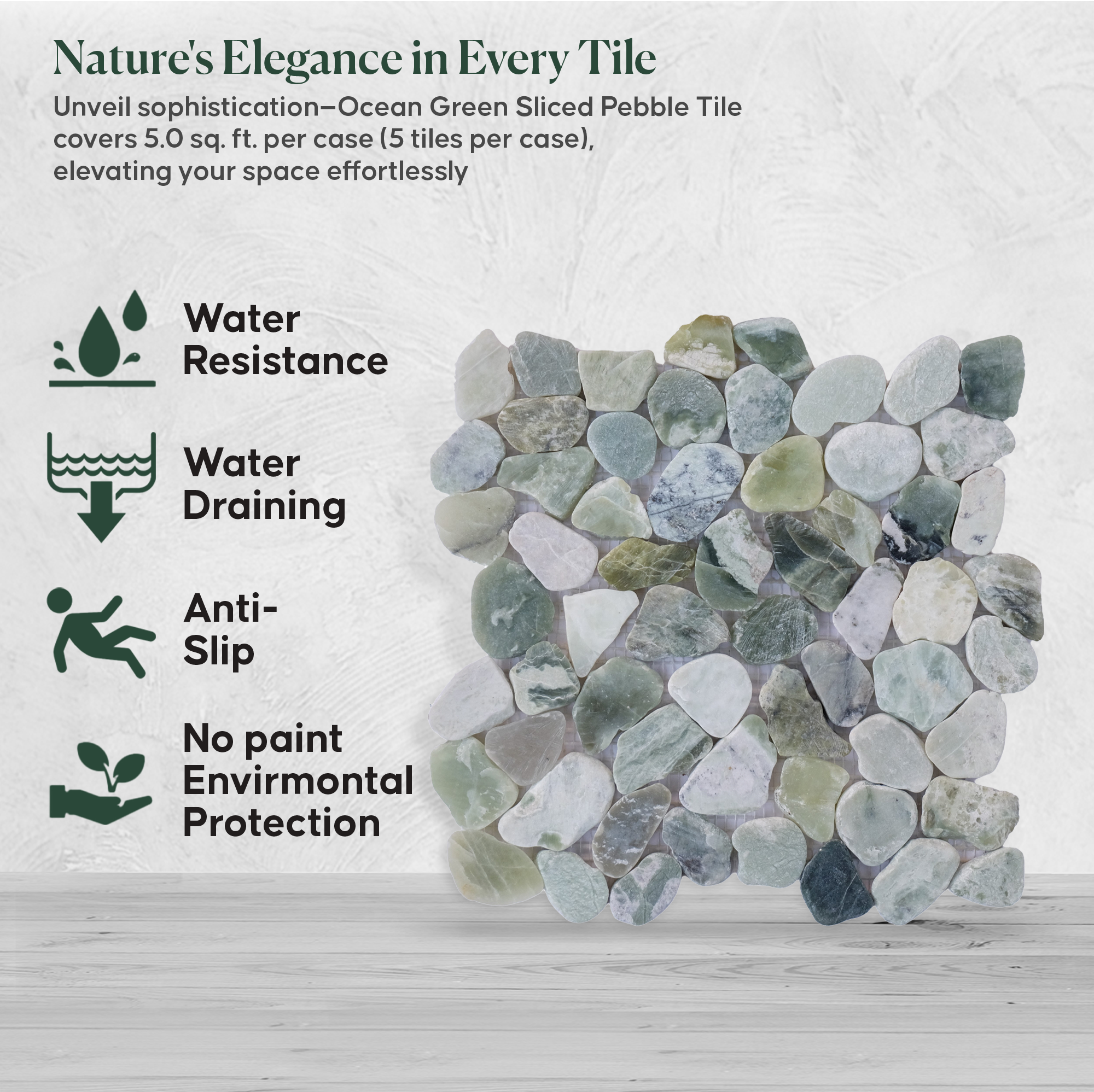 Ocean Green Sliced Pebble Mosaic Wall & Floor Tile | 5 Tiles per case