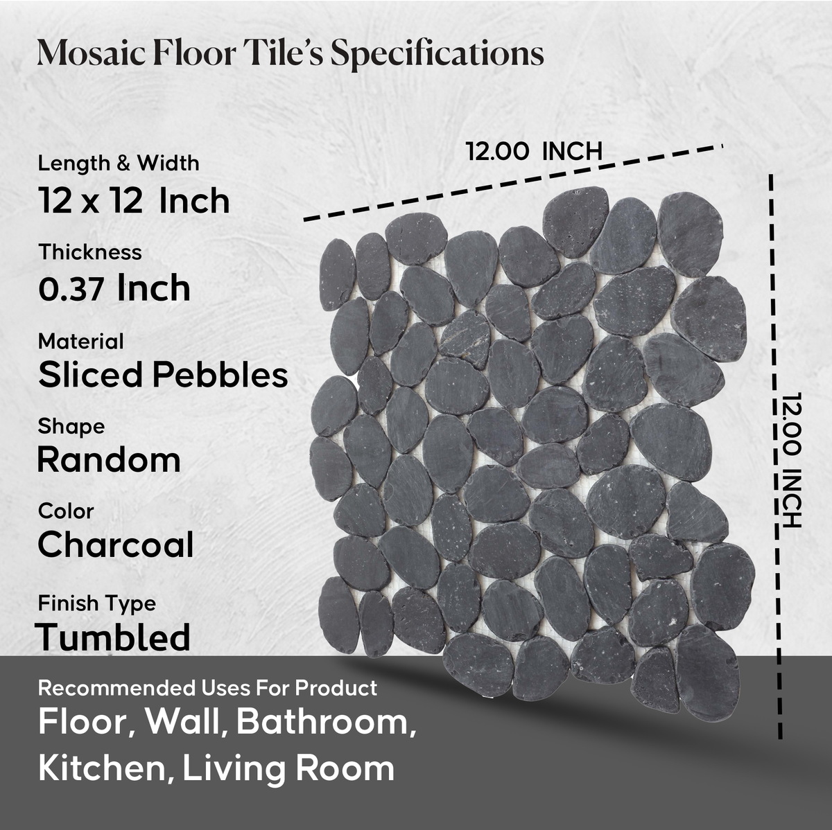 Charcoal Sliced Pebble Mosaic Wall & Floor Tile | 5 Tiles per case