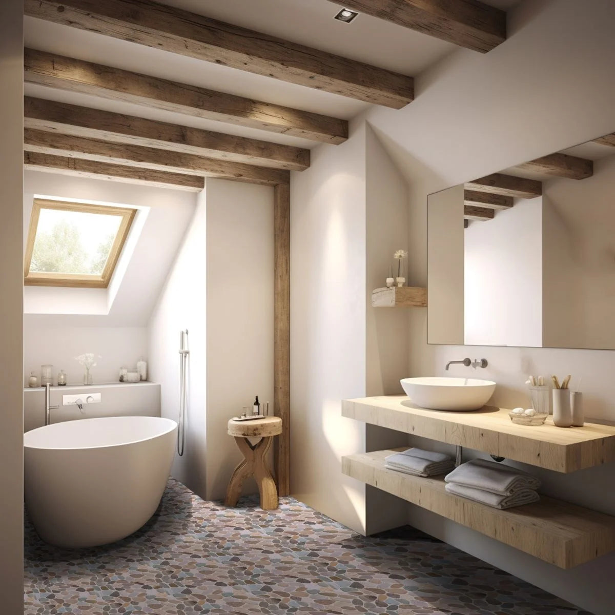 Olive sliced pebble tile flooring in a wood aesthetic bathroom