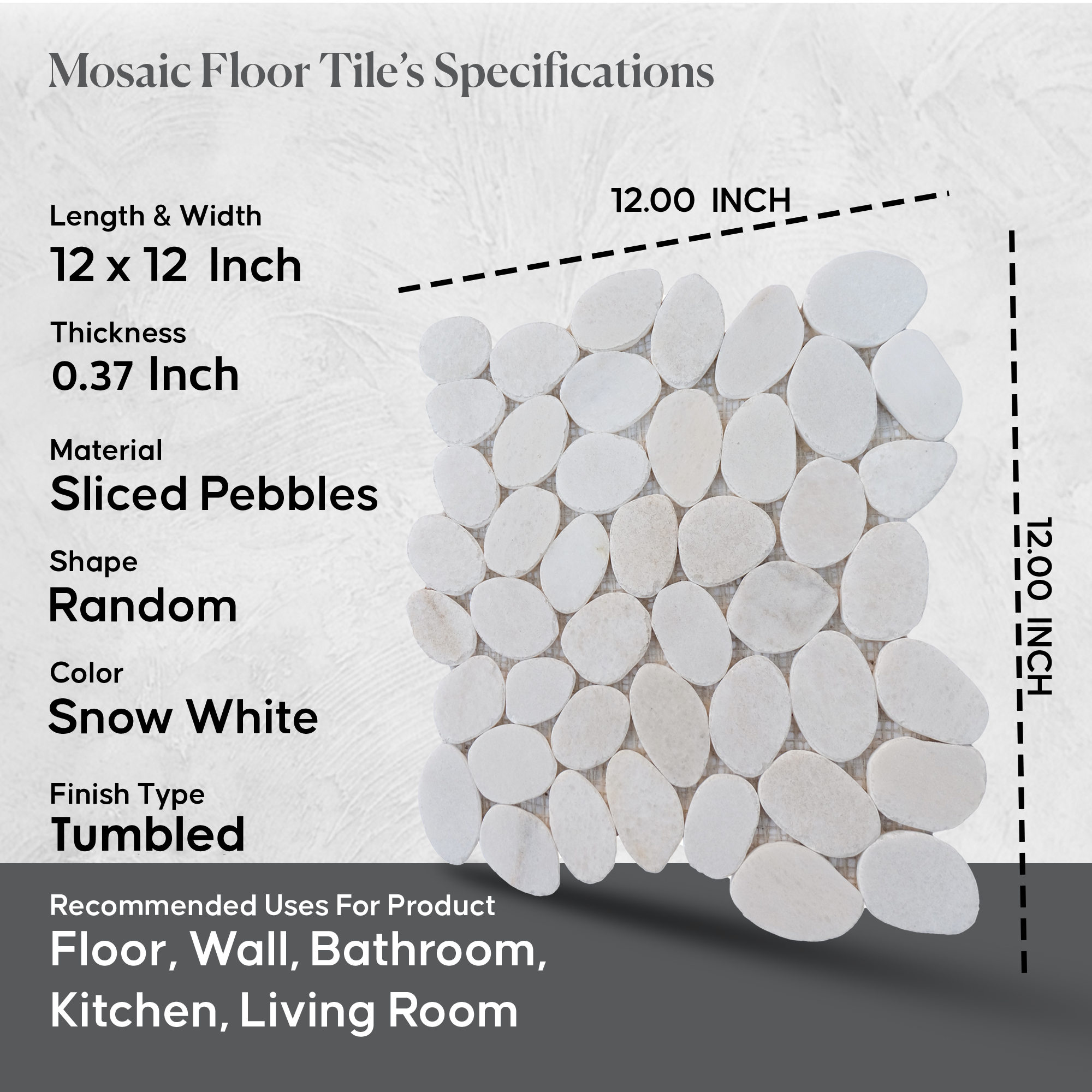 Snow White Sliced Pebble Mosaic Wall & Floor Tile | 5 Tiles per case