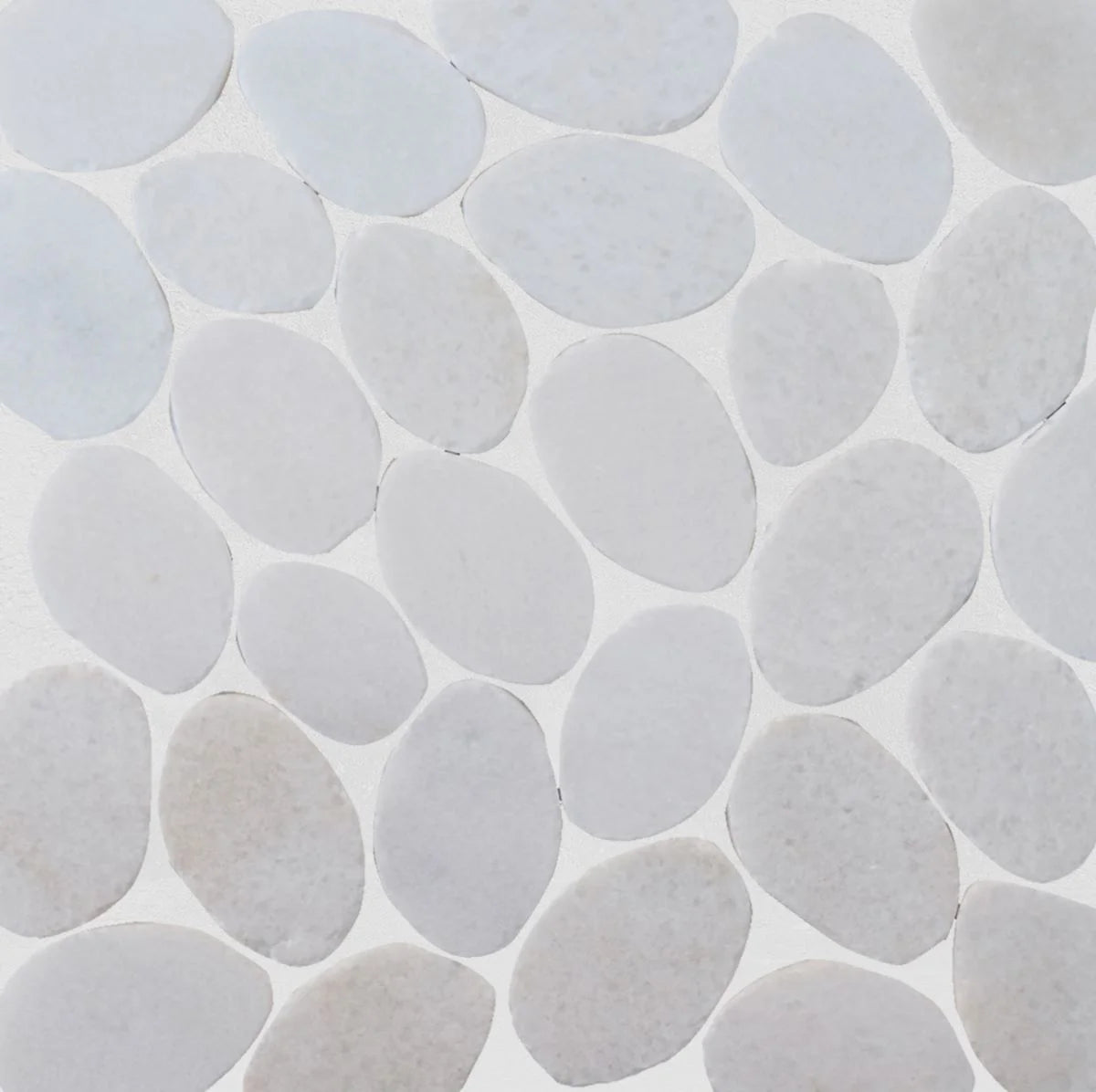 snow white sliced pebble tile sample with grout