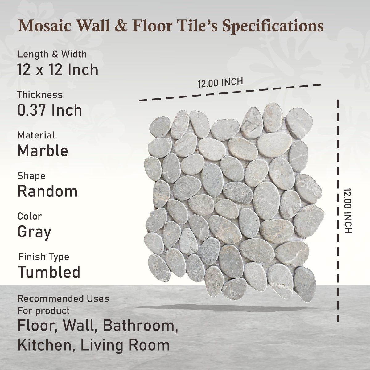 Smoke Grey Sliced Pebble Mosaic Wall & Floor Tile | 5 Tiles per case