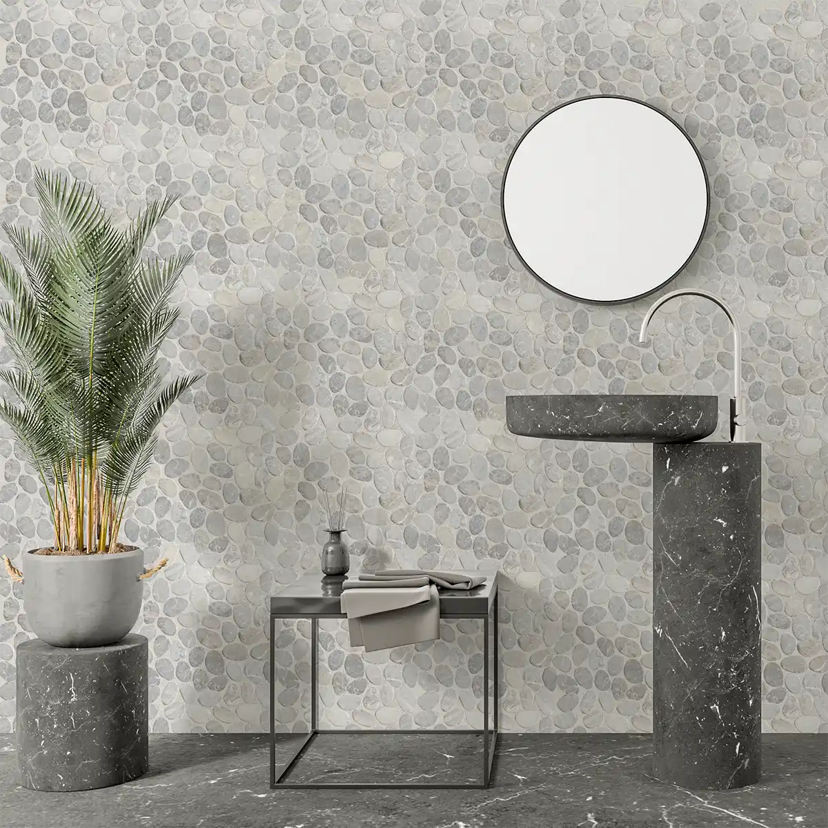 Smoke Grey Sliced Pebble Mosaic Wall & Floor Tile | 5 Tiles per case