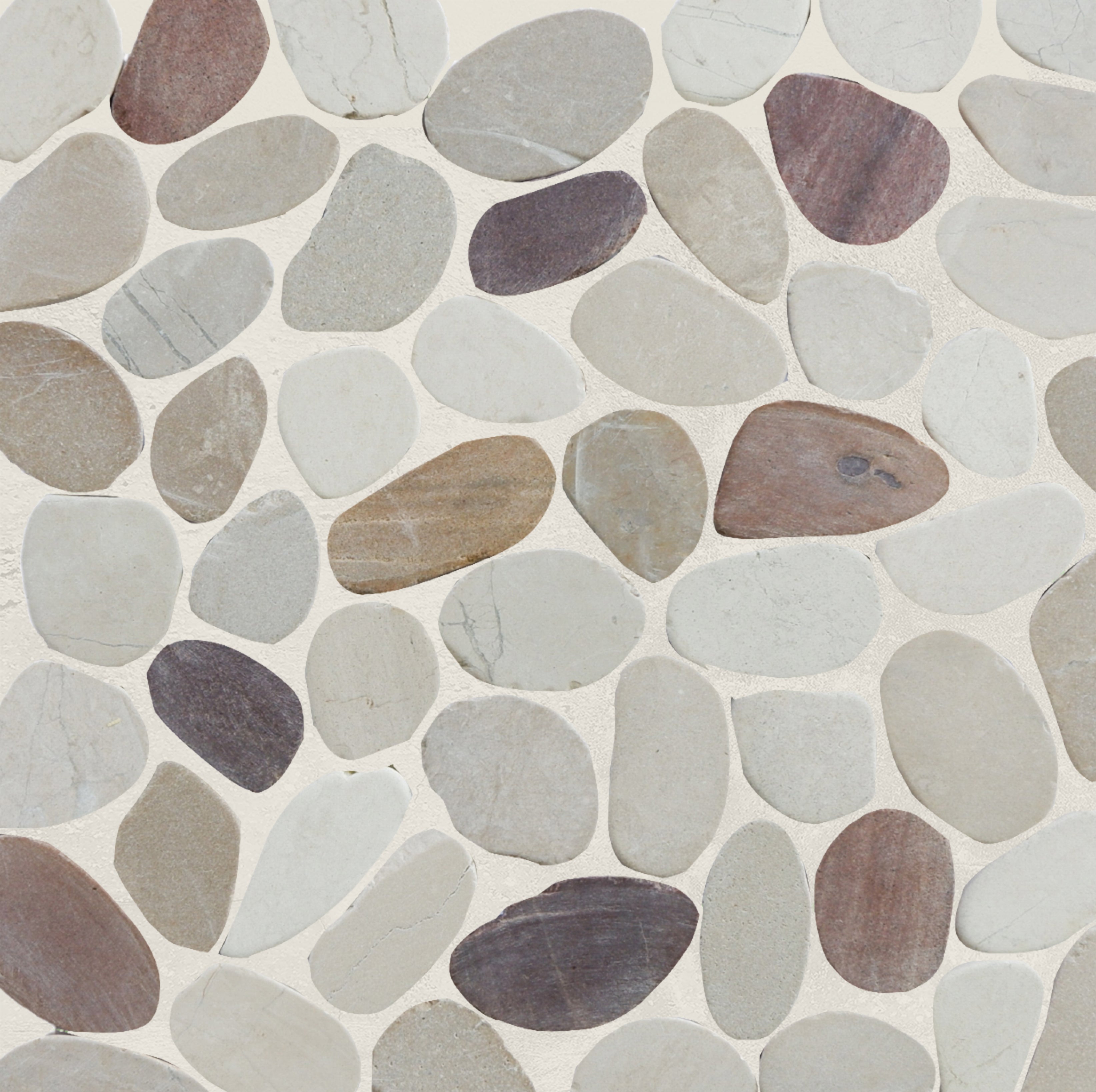 Cherry sliced pebble tile sample close up with grout