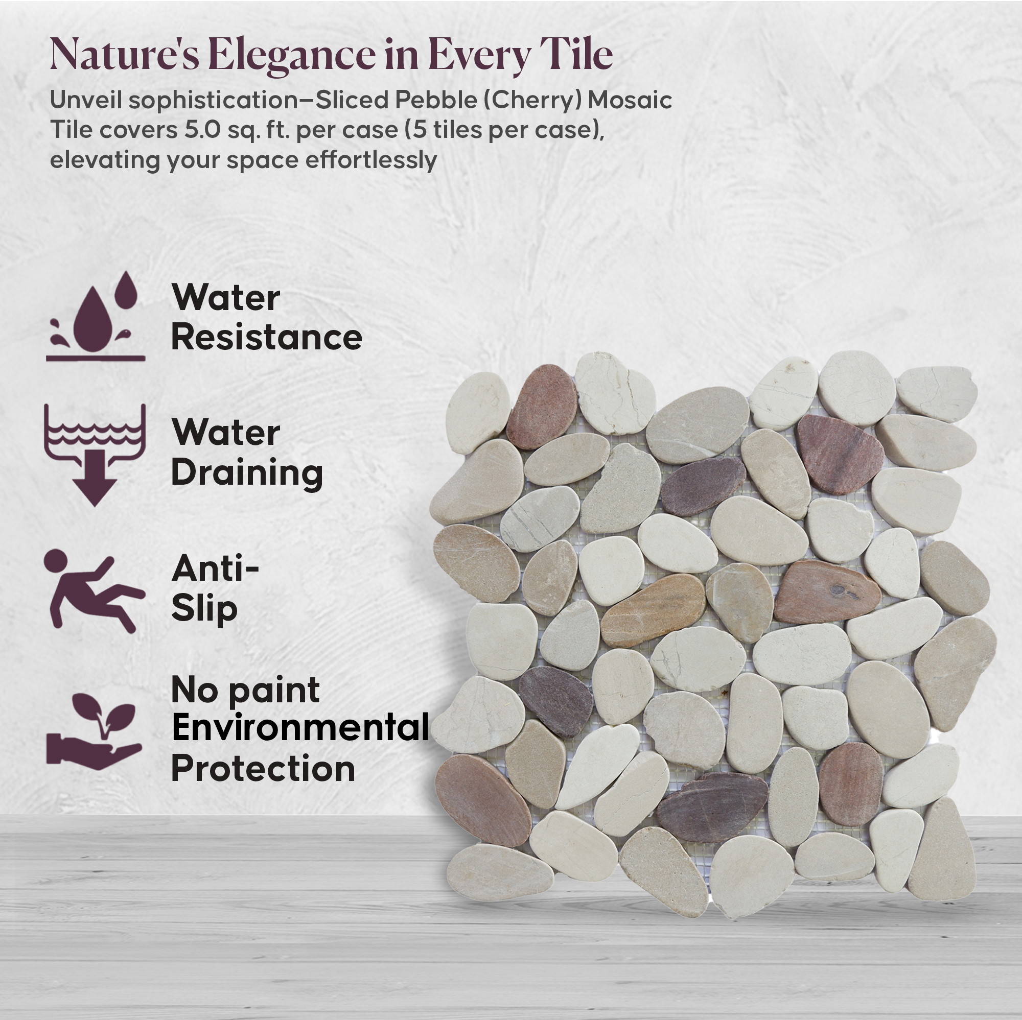 Cherry Sliced Pebble Mosaic Wall & Floor Tile | 5 Tiles per case