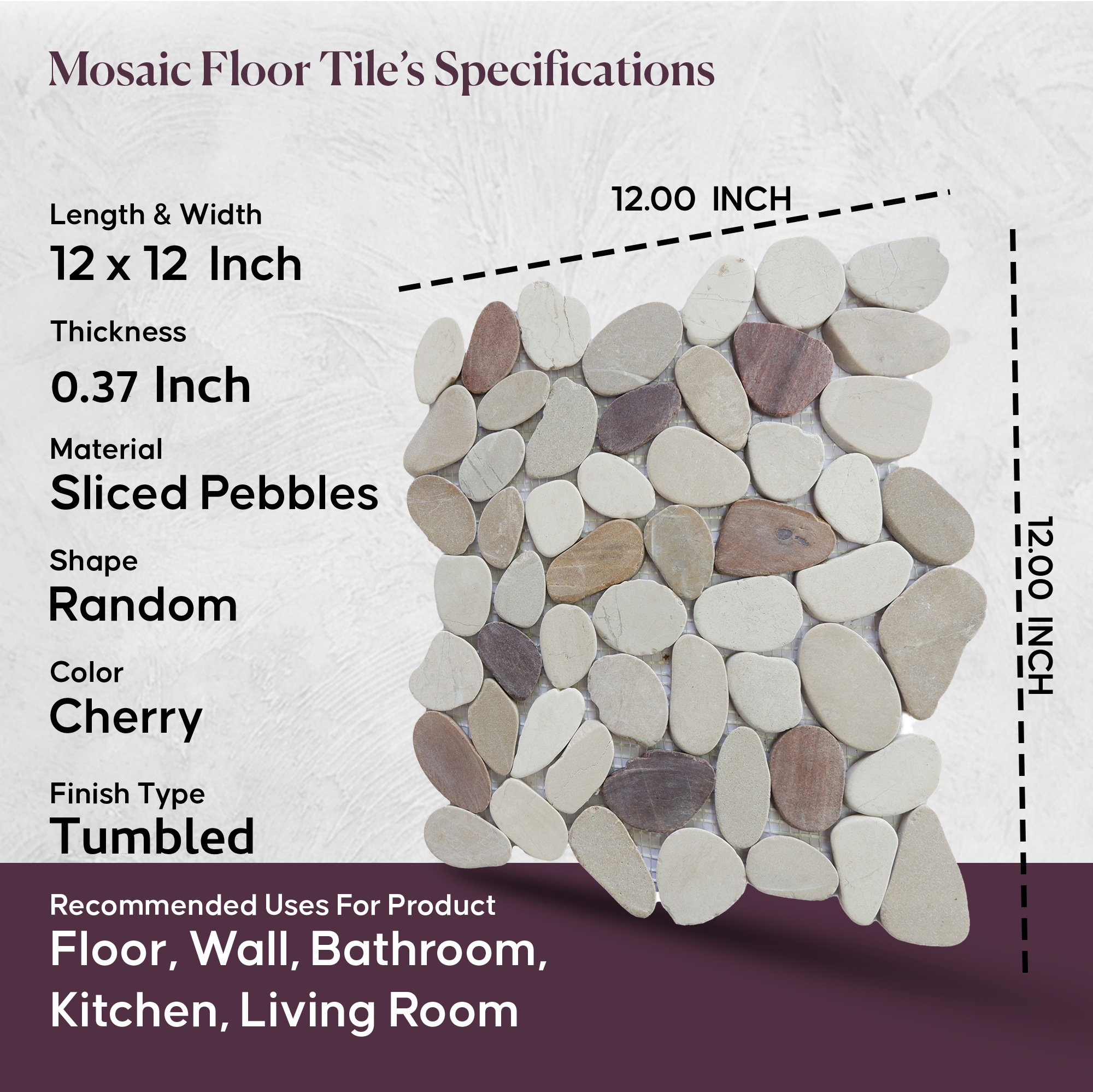 Cherry Sliced Pebble Mosaic Wall & Floor Tile | 5 Tiles per case