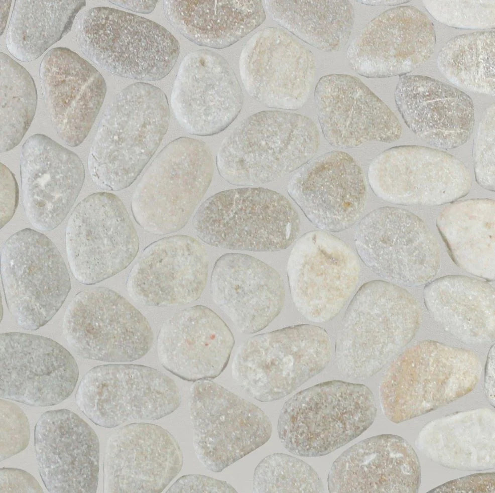 Tan pebble tile sample close up with grout