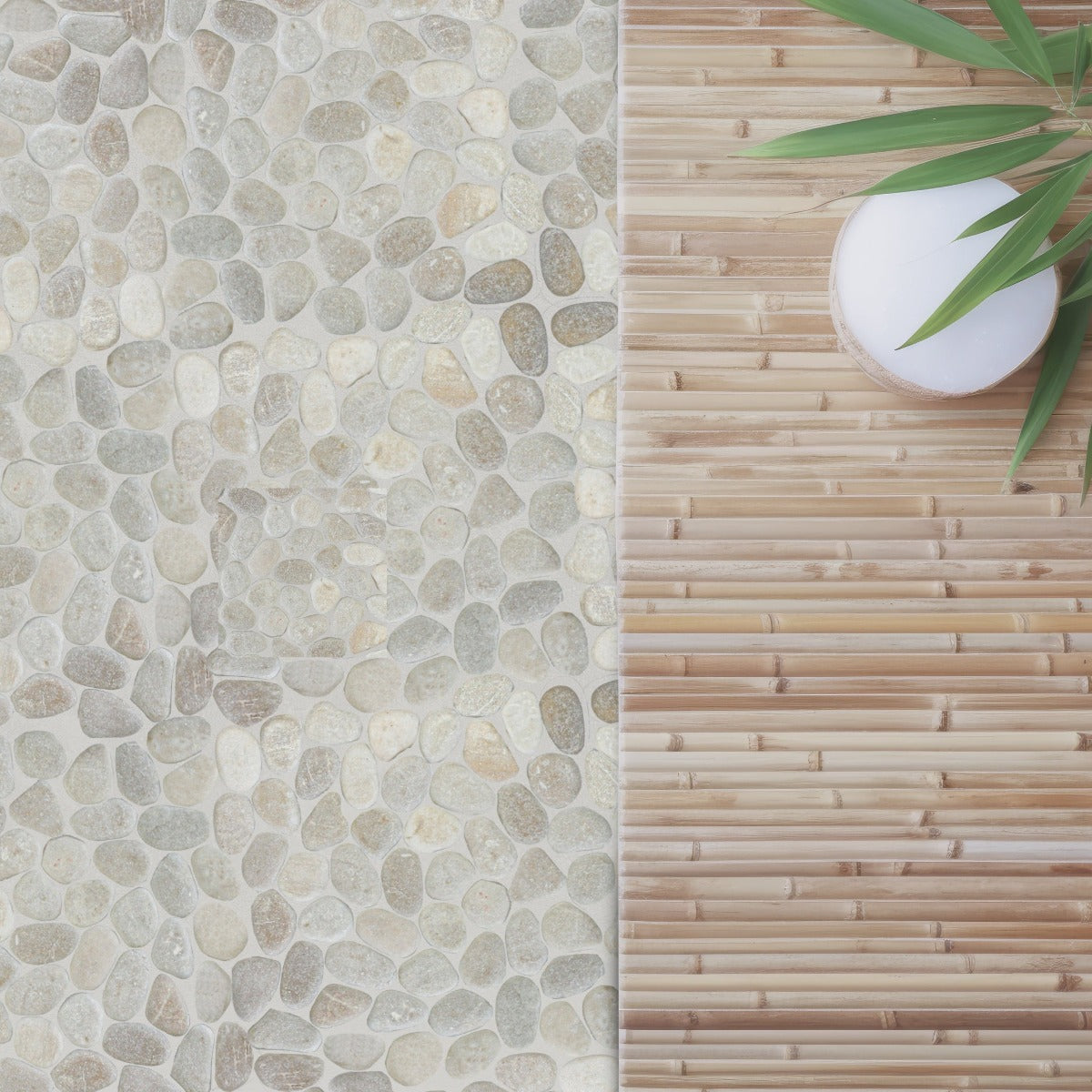 Tan pebble tile flooring with bamboo sheet under a white candle