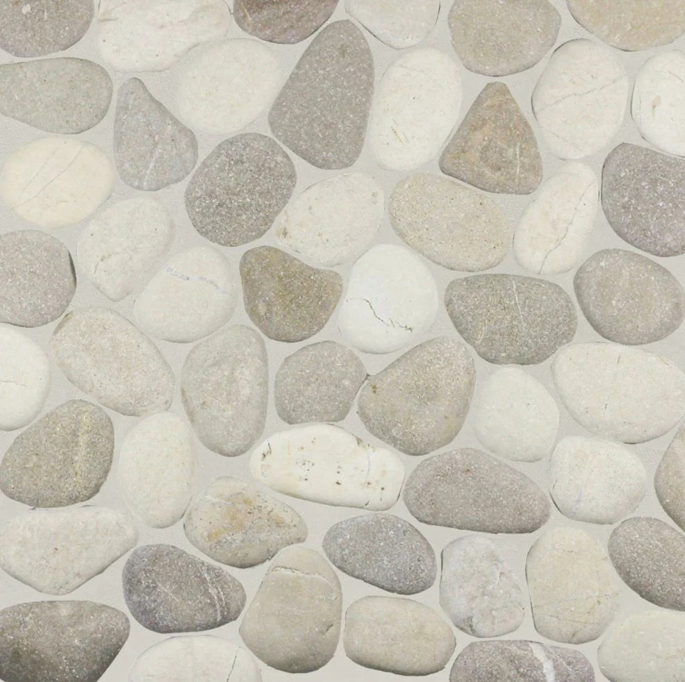 Seasalt pebble tile sample close up with grout