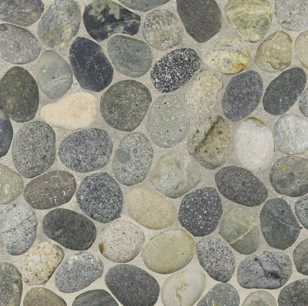 Earthy pebble tile sample close up with grout
