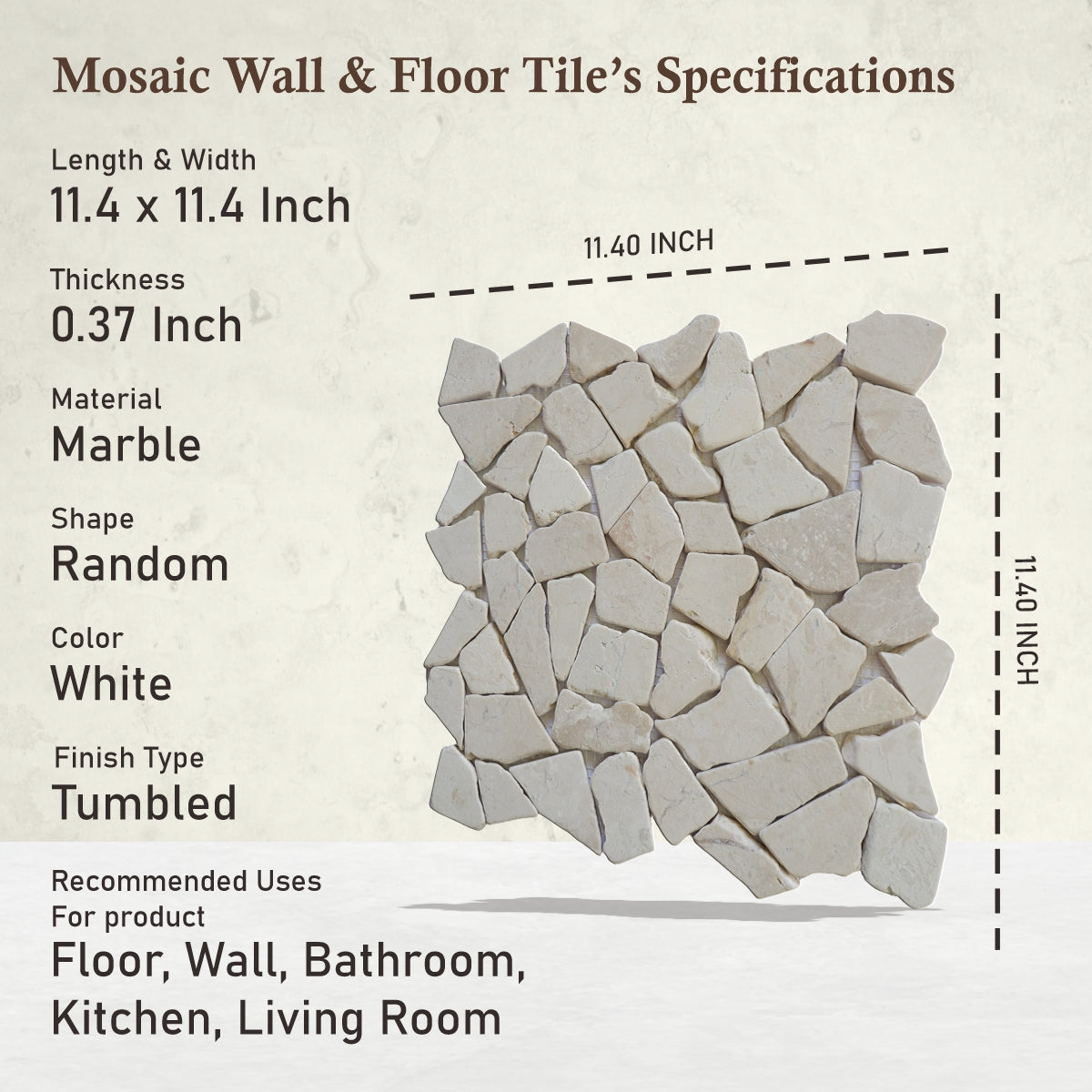 Alpen White Random Irregular Mosaic Tile for Wall and Floor | 5 Tiles per case