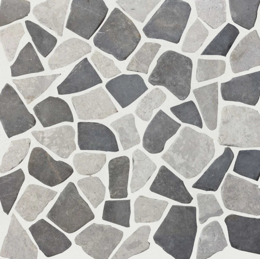 Stone grey random tile sample close up with grout