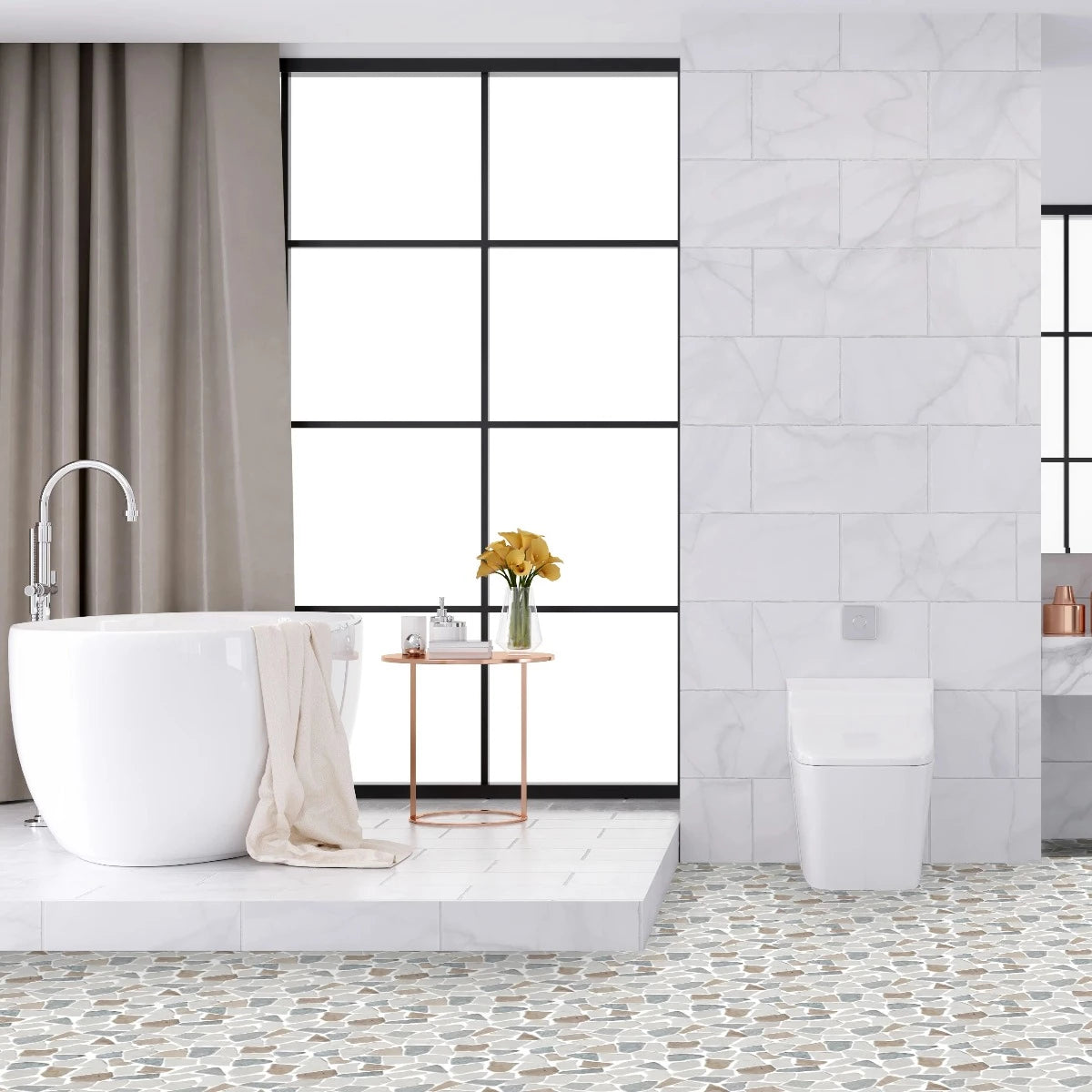 seasand tile flooring in bathroom surrounded by modern tub, toilet, and sink