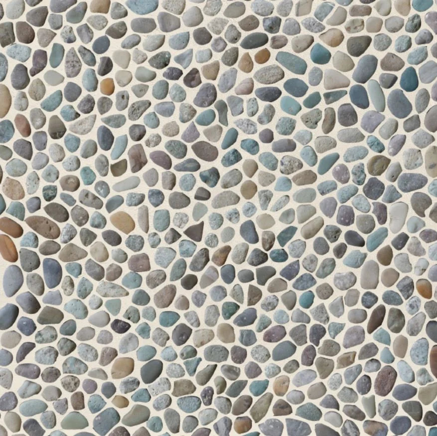 mini green pebble tile sample close up with grout