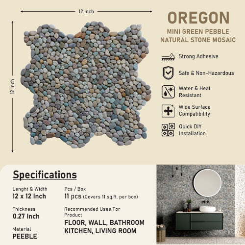 Green Mini Pebble Natural Stone Mosaic Wall & Floor Tile | 11 Tiles per case