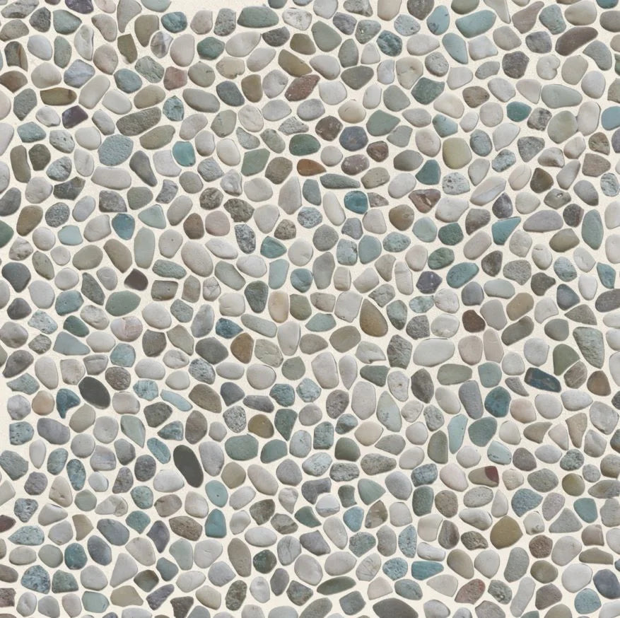 Mini white green pebble tile with grout sample