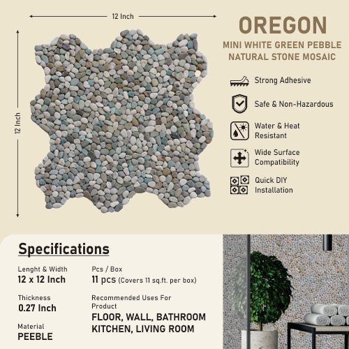 Mini Pebble Tile, White Green Pebble Mosaic Wall & Floor Tile