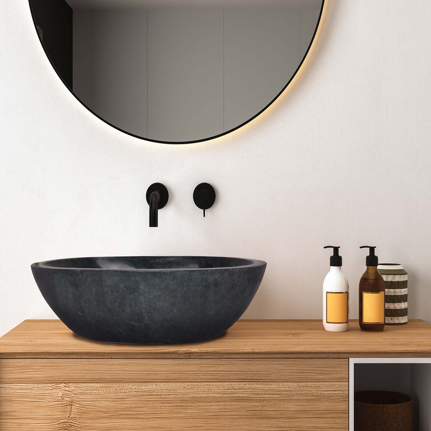 Oval Basalt Stone Bathroom Sink, Black Stone Vessel Sink