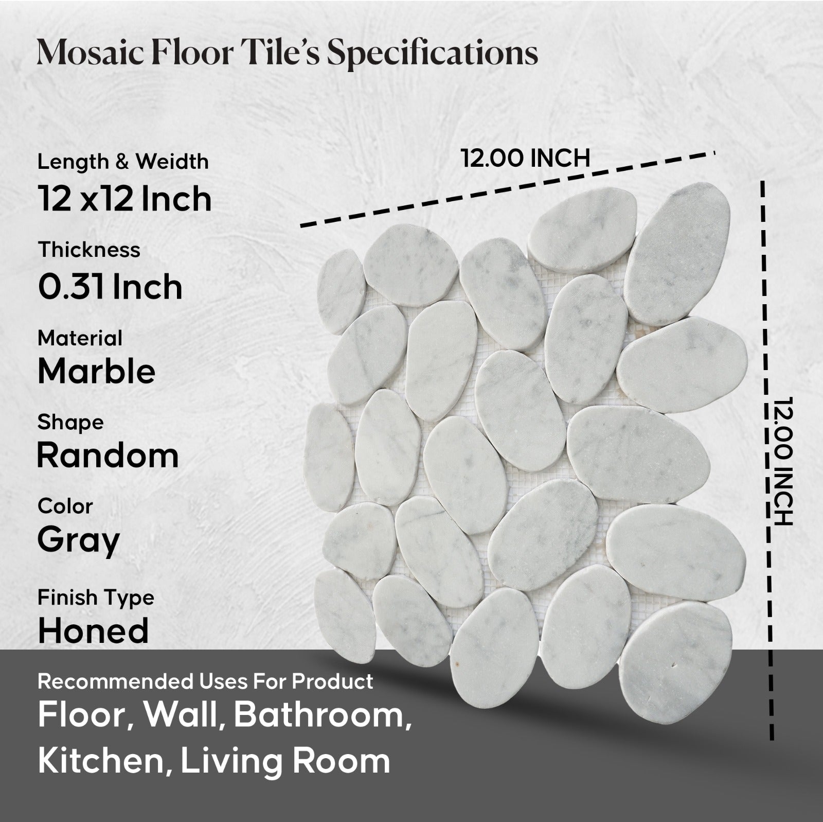 White Marble Mosaic Tile, XL SLICE CARRARA Mosaic Wall & Floor Tile